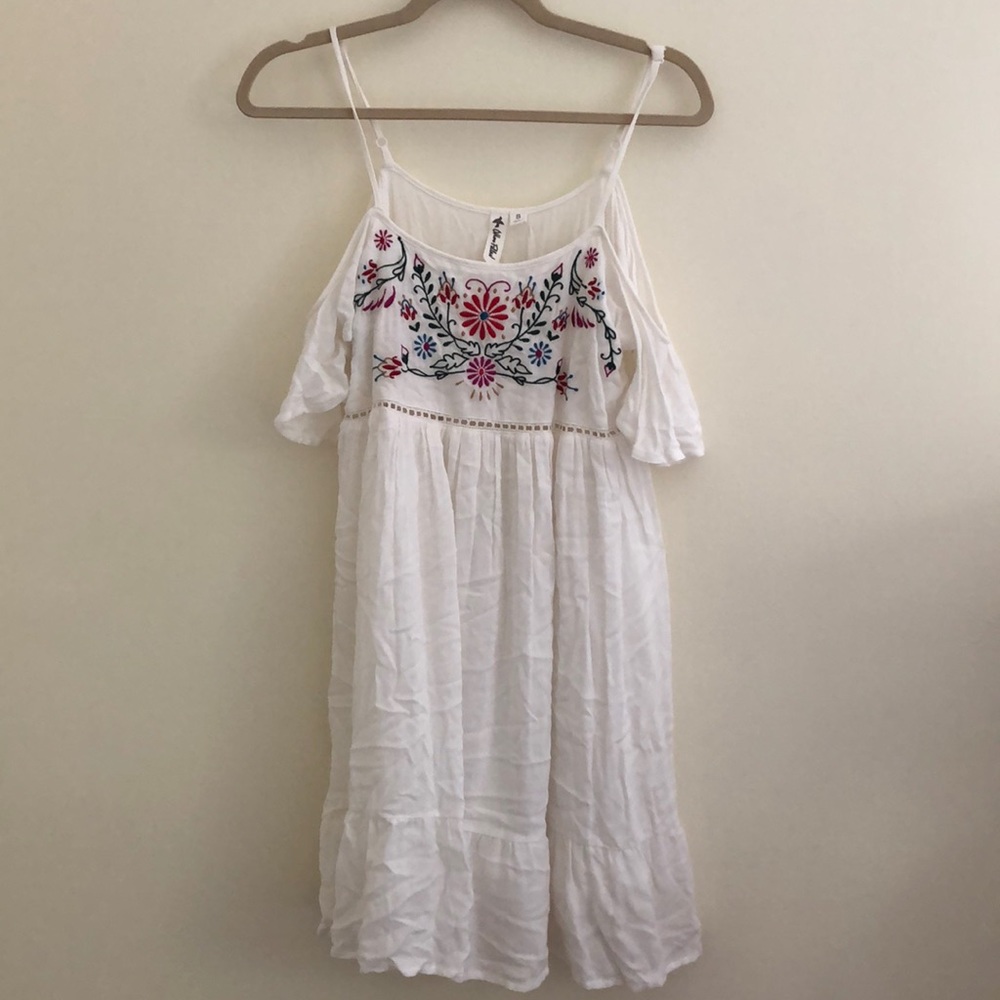 Embroidered white flutter sleeve dress